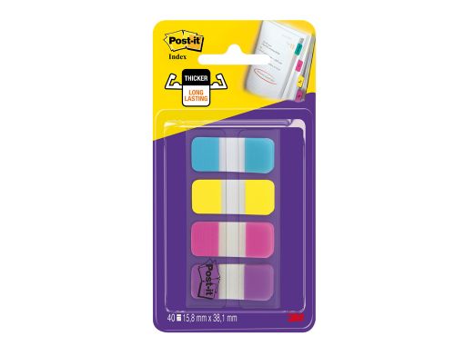 Bandas separadoras post-it index rigidas dispensador 4 cores amarelo azul rosa e violeta mini 4x10 mm pack de 40 uds , Post-it , 78151 , 4054596002722
